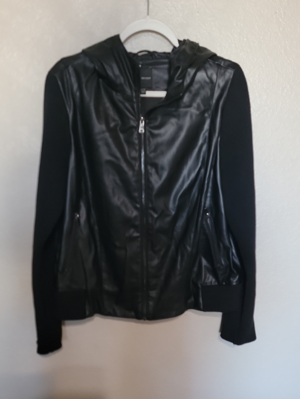 Black Faux Leather Hooded Jacket with Knit Sleeves